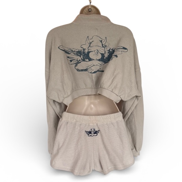 Boys Lie Locked In Henley Cropped Sweatshirt & Shorts Matching Set S - Picture 4 of 6